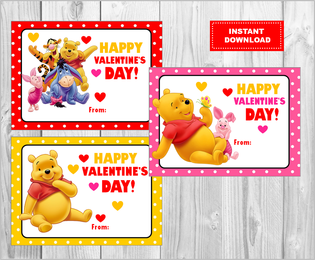 Winnie Pooh Valentine's Day Cards instant download, Printable Winnie