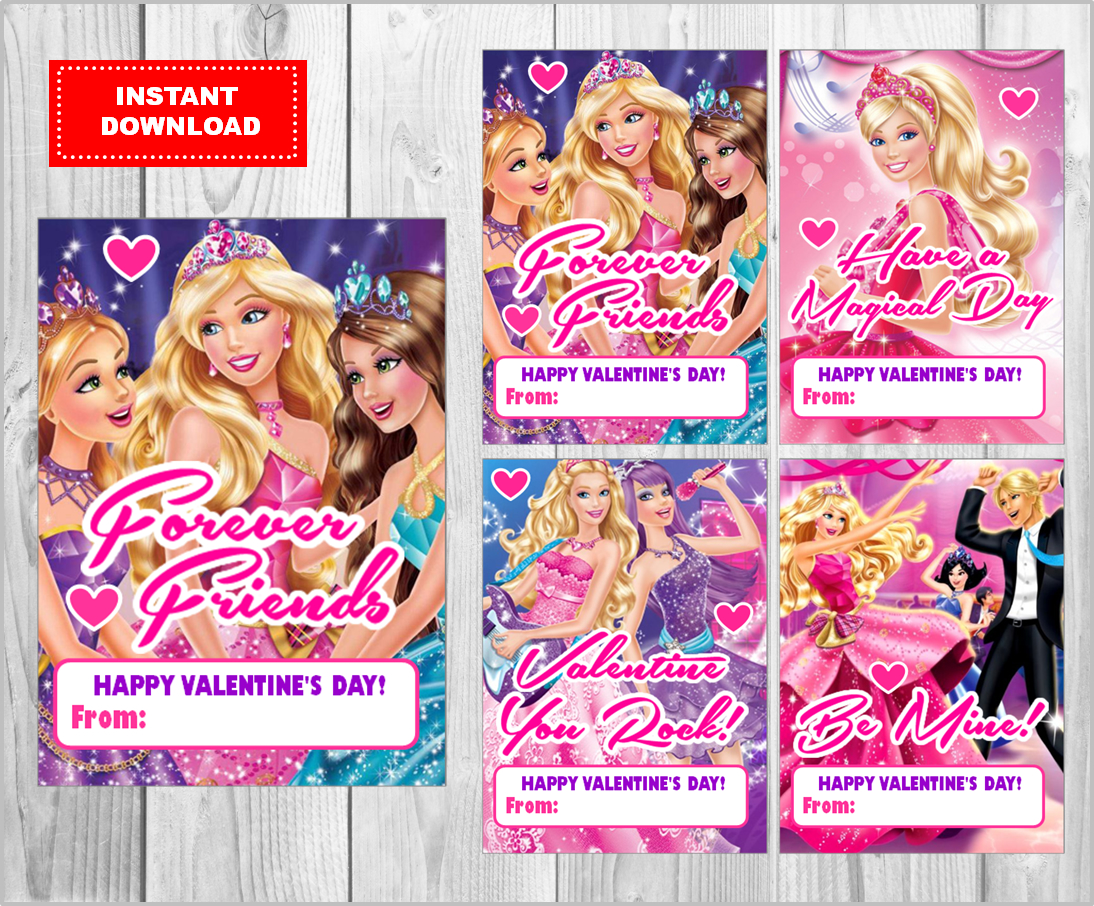 Barbie Valentine's Day Cards instant download, Printable Barbie Valentine Cards, Barbie Happy