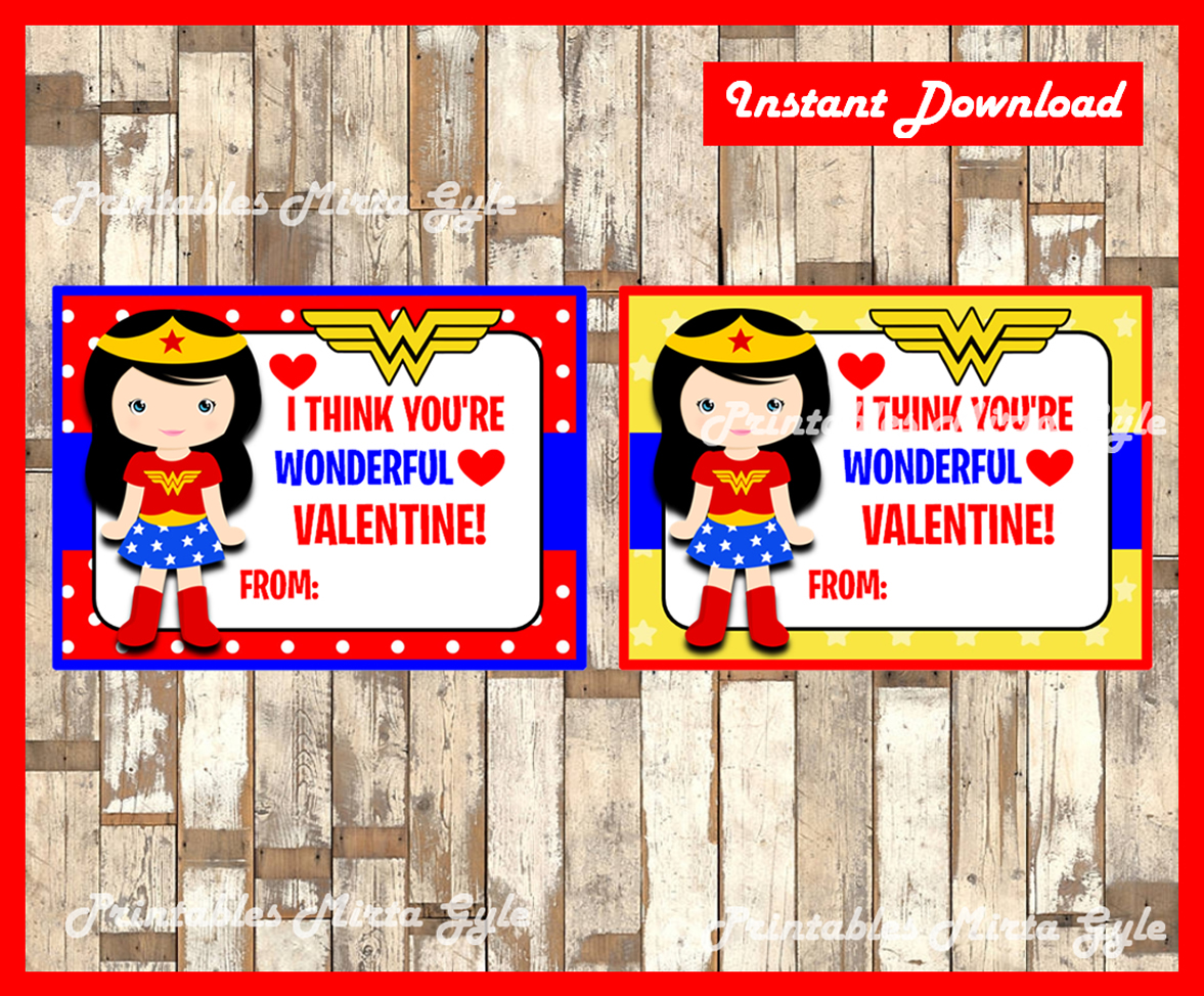 Wonder Woman valentine cards, SUPERHERO Valentines, Printable Valentine ...