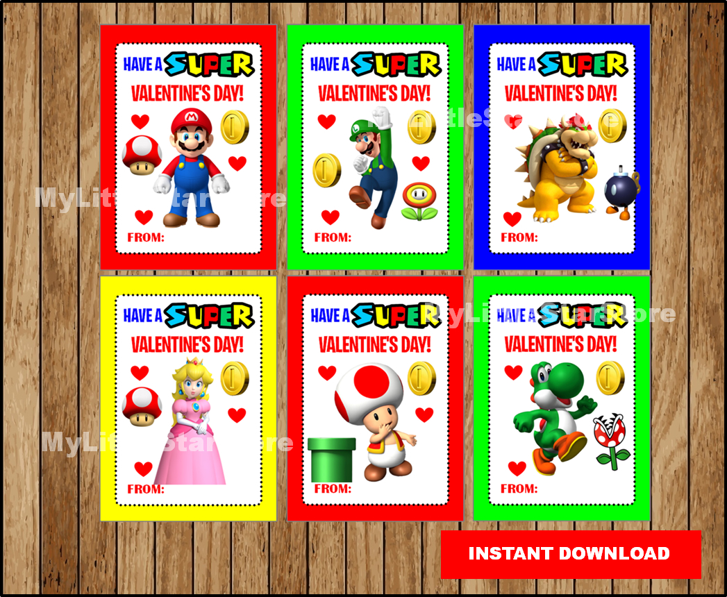 Mario Bros Valentine s Day Cards Instant Download Printable Super Mario Bros Valentine Cards